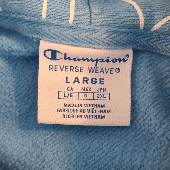 Champion Reverse Weave Hoodie Womens Large Blue Bubble Letter All Over Logo Y2K - Picture 6 of 8